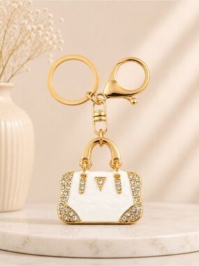 White Rhinestone Purse Bag Charm Keychain Gold Handbag Charm Crystal Key R